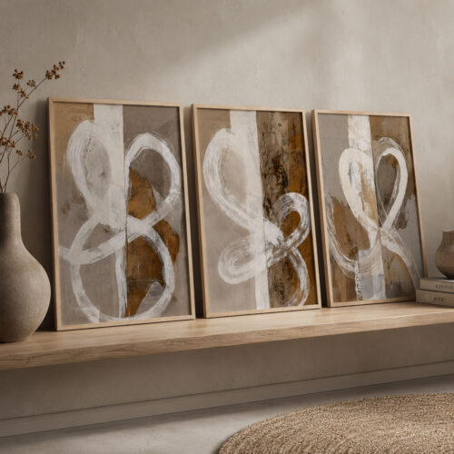 Doğal Ahşap Çerçeveli Minimal Abstract Tablo Seti - EW1211