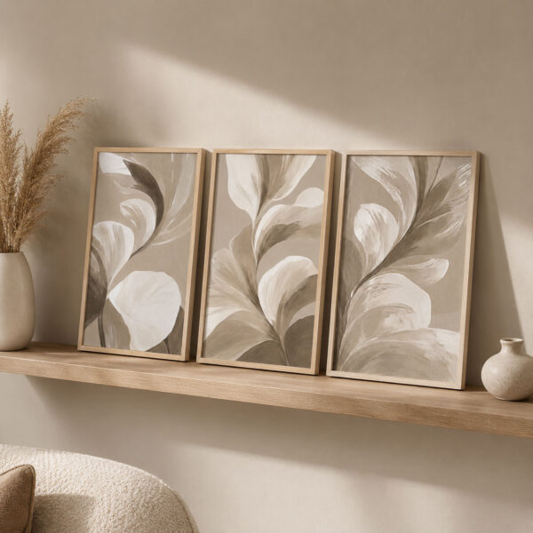 Doğal Ahşap Çerçeveli Minimal Abstract Leaves Tablo Seti - EW1212