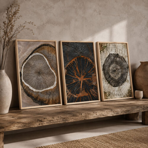 Doğal Ahşap Çerçeveli Minimal Tree Ring Tablo Seti - EW1217