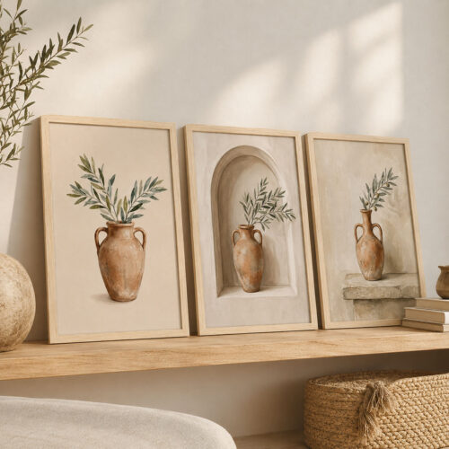 Doğal Ahşap Çerçeveli Minimal Terracotta Amfora Vase Tablo Seti - EW1214