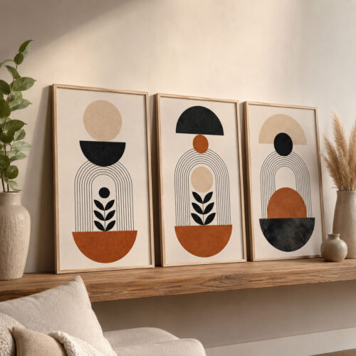 Doğal Ahşap Çerçeveli Minimal Geometric Botanical Tablo Seti - EW1216