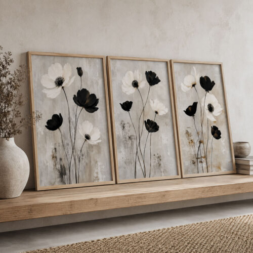 Doğal Ahşap Çerçeveli Minimal Wildflowers Tablo Seti - EW1222