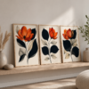 Doğal Ahşap Çerçeveli Minimal Abstract Flowers Tablo Seti - EW1223