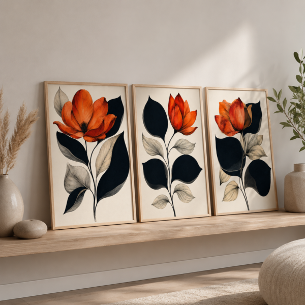 Doğal Ahşap Çerçeveli Minimal Abstract Flowers Tablo Seti - EW1223