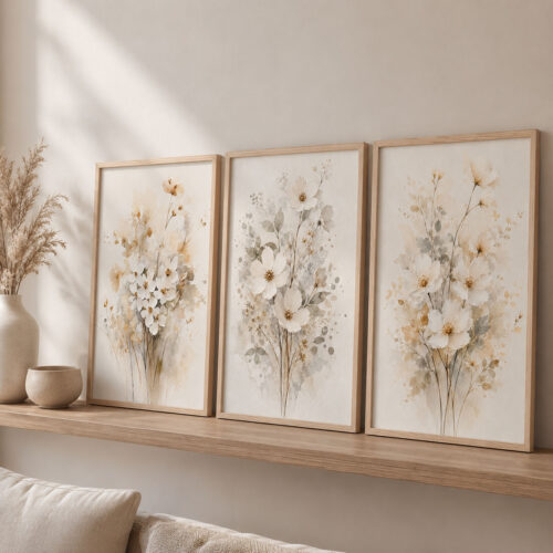 Doğal Ahşap Çerçeveli Minimal Wildflowers Tablo Seti - EW1224