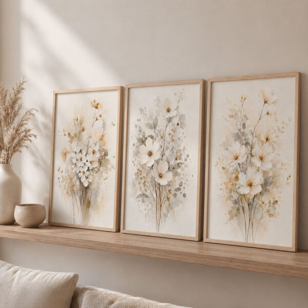 Doğal Ahşap Çerçeveli Minimal Wildflowers Tablo Seti - EW1224