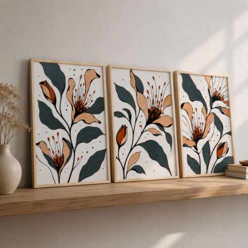 Doğal Ahşap Çerçeveli Minimal Flora Harmony Tablo Seti - EW1225
