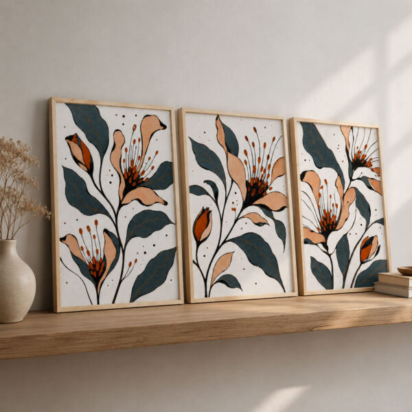 Doğal Ahşap Çerçeveli Minimal Flora Harmony Tablo Seti - EW1225