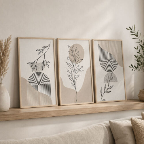 Doğal Ahşap Çerçeveli Minimal Botanical Harmony Tablo Seti - EW1228
