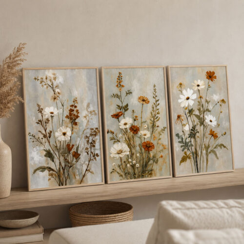 Doğal Ahşap Çerçeveli Minimal Wildflowers Tablo Seti - EW1229