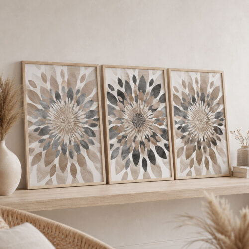 Doğal Ahşap Çerçeveli Minimal Leaf Mandala Tablo Seti - EW1232