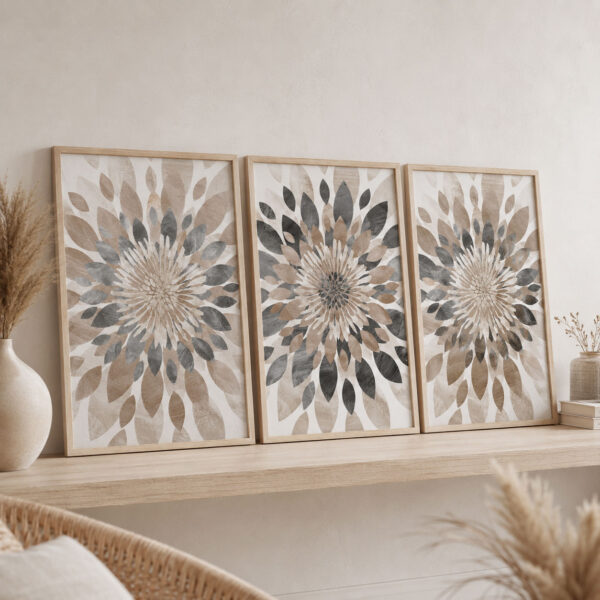 Doğal Ahşap Çerçeveli Minimal Leaf Mandala Tablo Seti - EW1232
