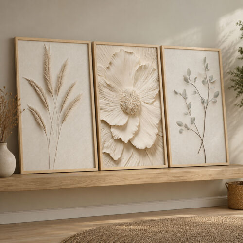 Doğal Ahşap Çerçeveli Minimal Organic Elegance Tablo Seti - EW1235