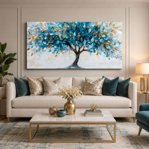 Mavi Gold Yapraklı Bereket Ağacı Dekoratif Kanvas Tablo - VOOV3272