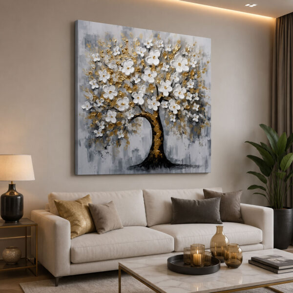 Beyaz Çiçekli Dekoratif Ağaç Kanvas Tablo - VOOV3281