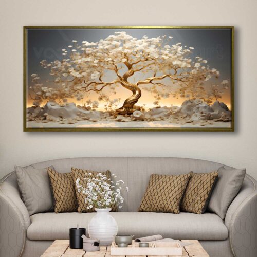 70x140cm Eskitme Gold Çerçeveli Muhteşem Hayat Ağacı Dekoratif Kanvas Tablo - ART1308