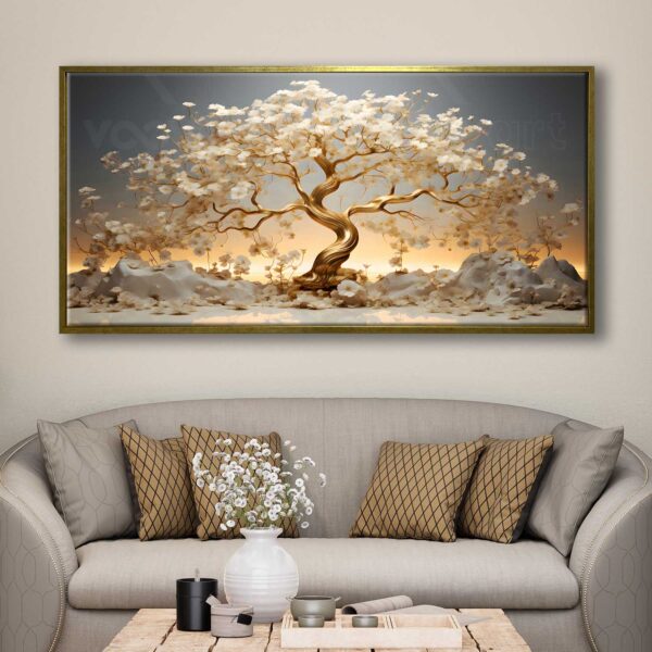 70x140cm Eskitme Gold Çerçeveli Muhteşem Hayat Ağacı Dekoratif Kanvas Tablo - ART1308