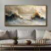 70x140cm Eskitme Gold Çerçeveli Soyut Deniz Dalgası Dekoratif Kanvas Tablo - ART1313