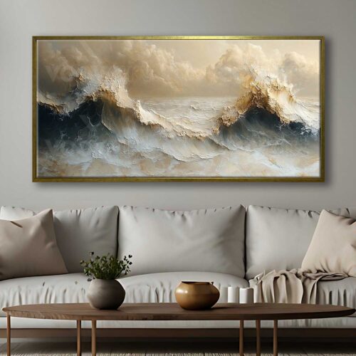 70x140cm Eskitme Gold Çerçeveli Soyut Deniz Dalgası Dekoratif Kanvas Tablo - ART1313