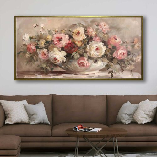 70x140cm Eskitme Gold Çerçeveli Vazoda Çiçekler Dekoratif Kanvas Tablo - ART1334