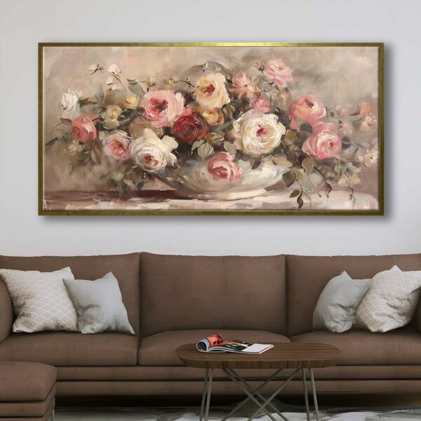 70x140cm Eskitme Gold Çerçeveli Vazoda Çiçekler Dekoratif Kanvas Tablo - ART1334