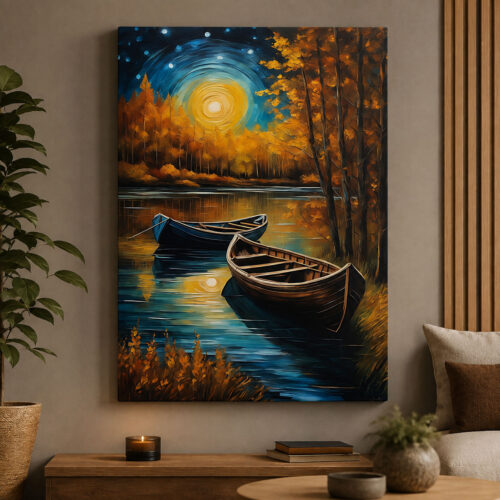 Sonbahar Ay Işığı ve Sandallar Manzarası Kanvas Tablo - VOOV3321