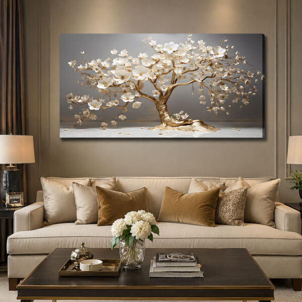 Beyaz Çiçekli Gold Hayat Ağacı Dekoratif Kanvas Tablo - VOOV3225
