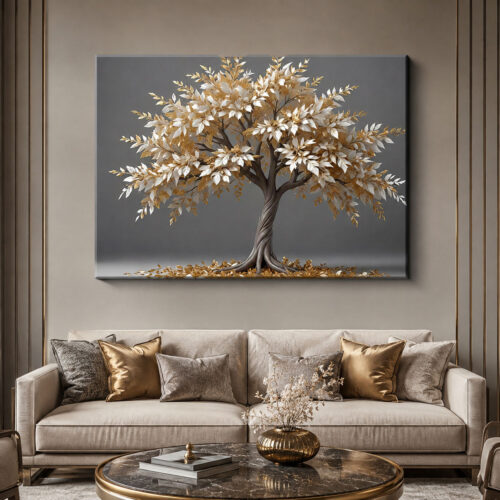 Beyaz Gold Yapraklı Ağaç Kanvas Tablo - VOOV3299