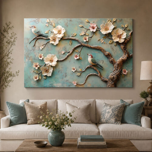 Çiçekli Dalda Kuşlar Dekoratif Kanvas Tablo - VOOV3259