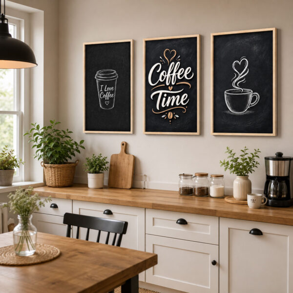 Doğal Ahşap Çerçeveli Minimal Coffee Time Tablo Seti - EW1202