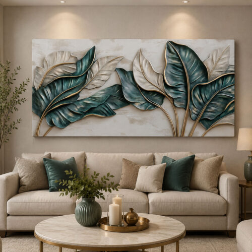 Modern Yeşil Gümüş Gold Detaylı Yapraklar Kanvas Tablo - VOOV3304