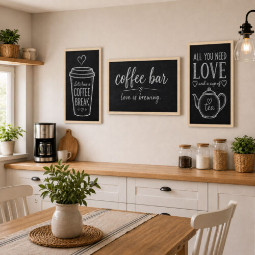 Doğal Ahşap Çerçeveli Minimal Coffee Bar Tablo Seti - EW1200
