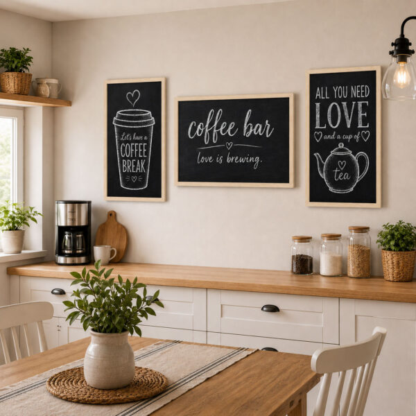 Doğal Ahşap Çerçeveli Minimal Coffee Bar Tablo Seti - EW1200