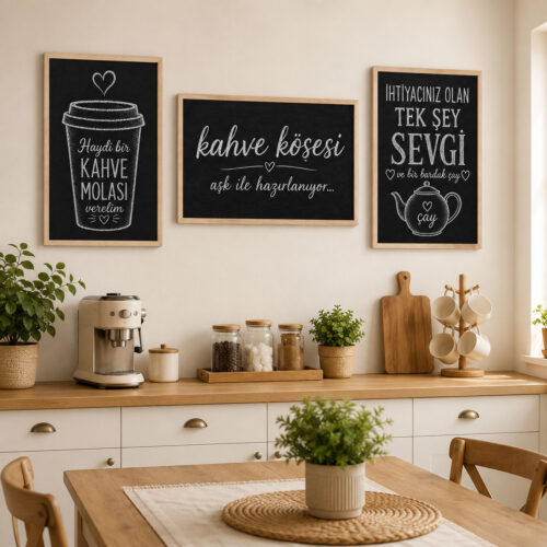 Doğal Ahşap Çerçeveli Minimal Kahve Köşesi Tablo Seti - EW1201