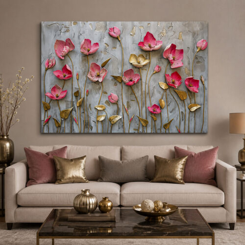 Gold Yapraklı Pembe Çiçekler Kanvas Tablo - VOOV3223