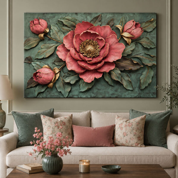 Pembe Şakayık Gold Detaylı Çiçek Kanvas Tablo - VOOV3255