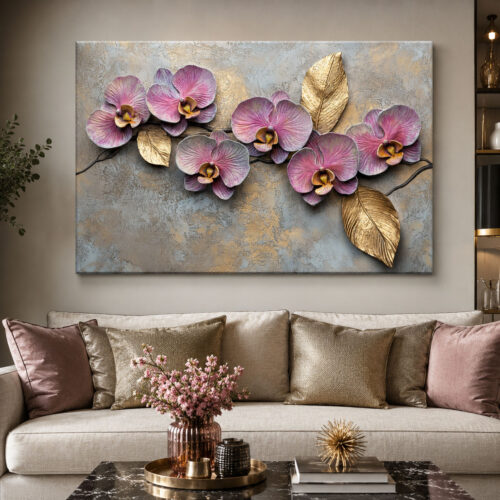 Gold Yapraklı Soft Pembe Orkideler Kanvas Tablo - VOOV3246