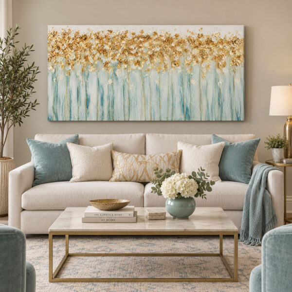 Turkuaz Bej Gold Detaylı Modern Soyut Tuval Kanvas Tablo - VOOV3532
