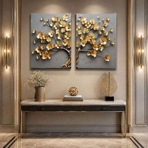 Gold Çiçekli Hayat Ağacı Kanvas Duvar Tablosu - 2'li Canvas Tablo Seti - VOOV1103