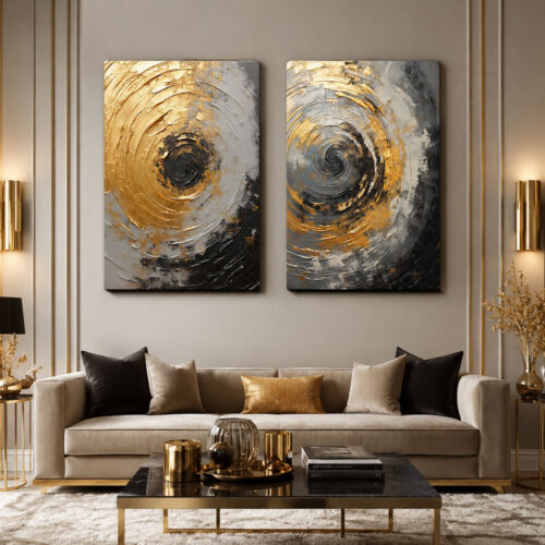 Altın Girdap Kanvas Duvar Tablosu - 2'li Canvas Tablo Seti - VOOV1112