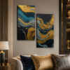 Gold-Blue Abstract Kanvas Duvar Tablosu - 2'li Set Kanvas Tablo - VOOV1128