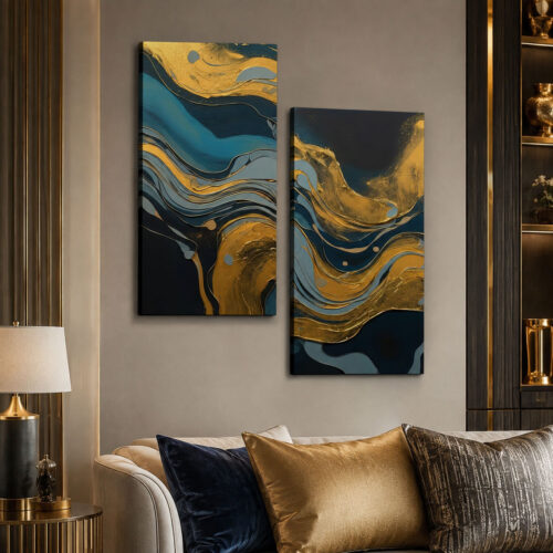 Gold-Blue Abstract Kanvas Duvar Tablosu - 2'li Set Kanvas Tablo - VOOV1128