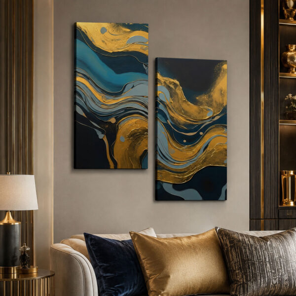 Gold-Blue Abstract Kanvas Duvar Tablosu - 2'li Set Kanvas Tablo - VOOV1128