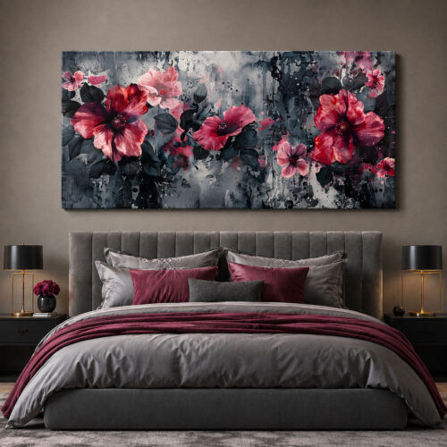 Bordo Soyut Çiçekler Dekoratif Kanvas Tablo - VOOV3508