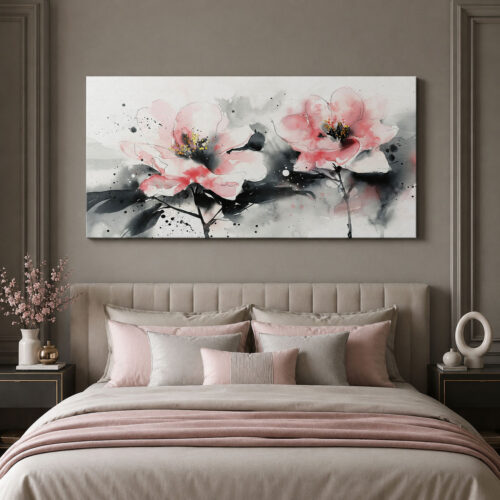 Bordo Beyaz Soyut Çiçekler Dekoratif Kanvas Tablo - VOOV3510