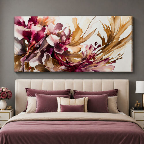 Bordo Golden Soyut Çiçekler Dekoratif Kanvas Tablo - VOOV3511
