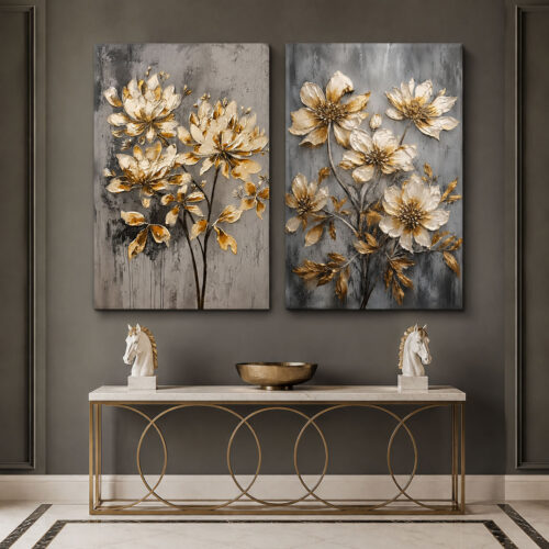 Golden Flora Kanvas Duvar Tablosu - 2'li Canvas Tablo Seti - VOOV6001