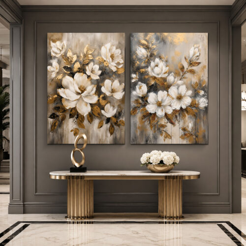 Golden Magnolia Kanvas Duvar Tablosu - 2'li Canvas Tablo Seti - VOOV6004