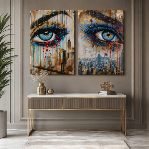 Golden City Eyes Kanvas Duvar Tablosu - 2'li Canvas Tablo Seti - VOOV6007