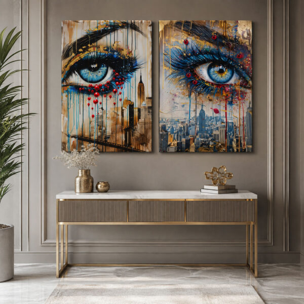 Golden City Eyes Kanvas Duvar Tablosu - 2'li Canvas Tablo Seti - VOOV6007